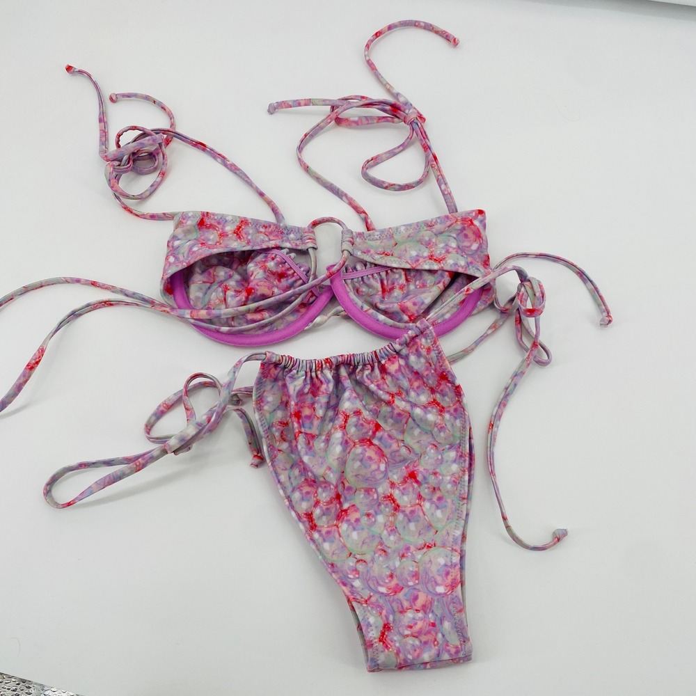 Strawberry Milk Mob Bikini Set Womens Small Purple Pink rainbow fish Underwire - Picture 4 of 6